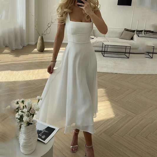 Dames - Mouwloze Midi-Jurk - Vloeiende A-Lijn Rok - Zomerse Elegant - ELEGANTE STIJL