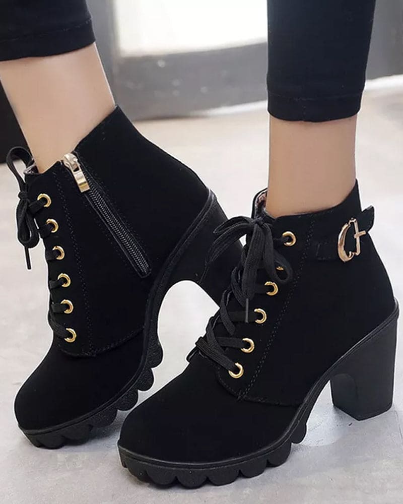 Veterschoenen - Dames - Pu Leer - Dikke Hak Schoenen - Luna
