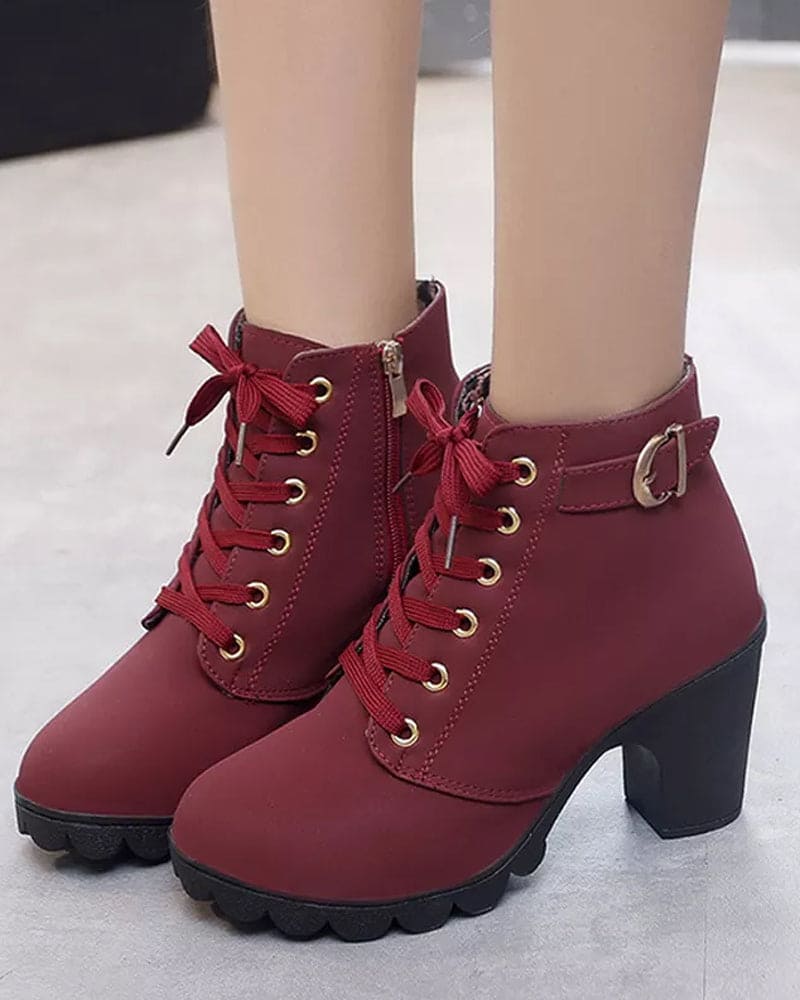 Veterschoenen - Dames - Pu Leer - Dikke Hak Schoenen - Luna