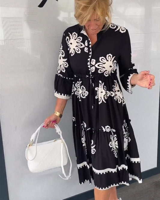 Midi-Jurk Met Grafisch Borduurmotief Voor Vrouwen Met Bloemachtige Prints – CLAUDETTE ELEGANCE