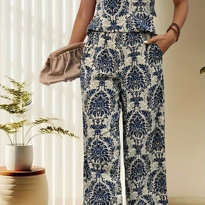 Dames - Retro Print V-Hals T-Shirt en Wijde Broek Set - Comfortabel en Stijlvol - Casual Outfit - MODERNE RETRO