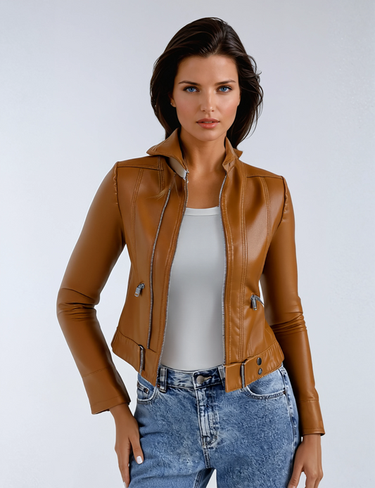 Leren Jas - Dames - Biker Met Rits - Biker Leren - Aurora