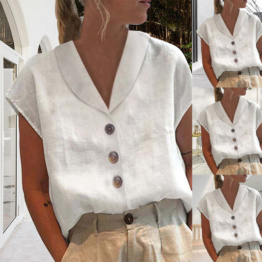 Dames - Losse Zomertop - Katoen en Linnen - Ademend Comfort - V-hals Shirt