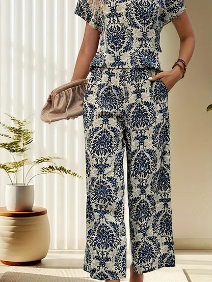 Dames - Retro Print V-Hals T-Shirt en Wijde Broek Set - Comfortabel en Stijlvol - Casual Outfit - MODERNE RETRO