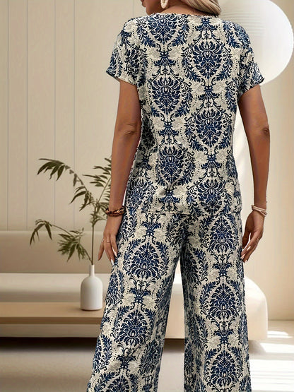 Dames - Retro Print V-Hals T-Shirt en Wijde Broek Set - Comfortabel en Stijlvol - Casual Outfit - MODERNE RETRO