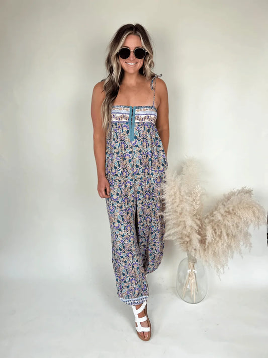 Boho dames jumpsuit met bloemenprint en elegante V-hals – MAELIA BLOOM