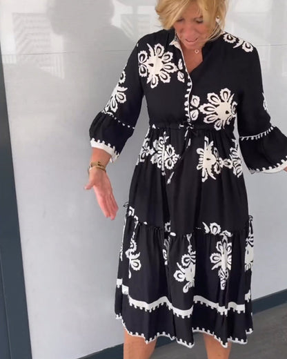 Midi-Jurk Met Grafisch Borduurmotief Voor Vrouwen Met Bloemachtige Prints – CLAUDETTE ELEGANCE