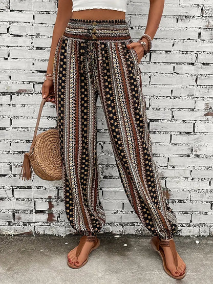 Dames - Boho-chique Broek - Gesmokte Taille - Etnische Grafische Print - VRIJHEID STIJL