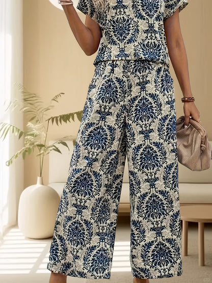 Dames - Retro Print V-Hals T-Shirt en Wijde Broek Set - Comfortabel en Stijlvol - Casual Outfit - MODERNE RETRO
