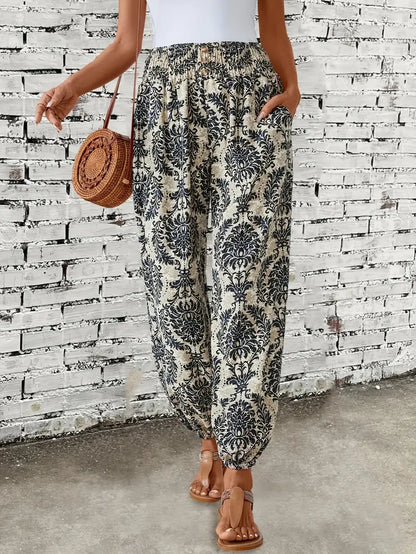 Dames - Boho-chique Broek - Gesmokte Taille - Etnische Grafische Print - VRIJHEID STIJL