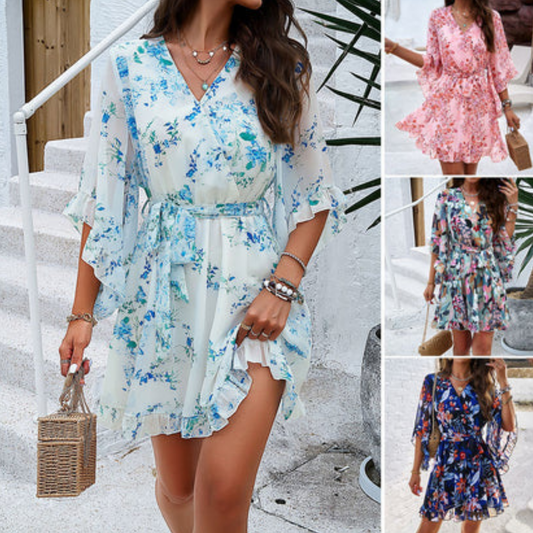 Vrouwen - Mini Jurk - Soepele Stof - Zomer Outfit - BLOEMEN DROOM