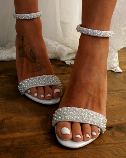 Vrouwen - Elegante Huwelijkssandalen - Comfortabele Dikke Hak - Bruidsschoenen - Perfecte Bruidslook