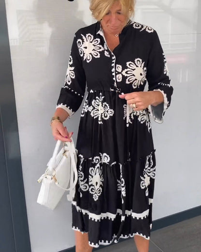 Midi-Jurk Met Grafisch Borduurmotief Voor Vrouwen Met Bloemachtige Prints – CLAUDETTE ELEGANCE