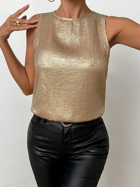 Vrouwen - Mouwloze Blouse - Metallic Goud - Elegante V-Hals - Party Top