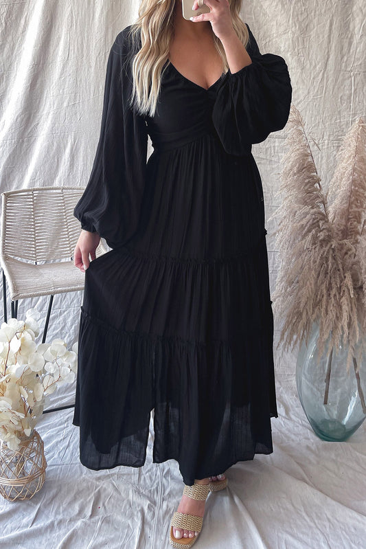 Vrouwen - V Hals Maxi Jurk - Uitgesneden Franje - Elegante Avondmode - AAN TREFFEN