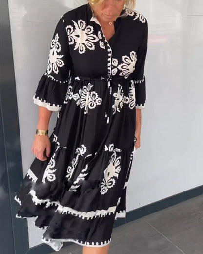 Midi-Jurk Met Grafisch Borduurmotief Voor Vrouwen Met Bloemachtige Prints – CLAUDETTE ELEGANCE