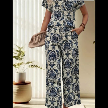 Dames - Retro Print V-Hals T-Shirt en Wijde Broek Set - Comfortabel en Stijlvol - Casual Outfit - MODERNE RETRO