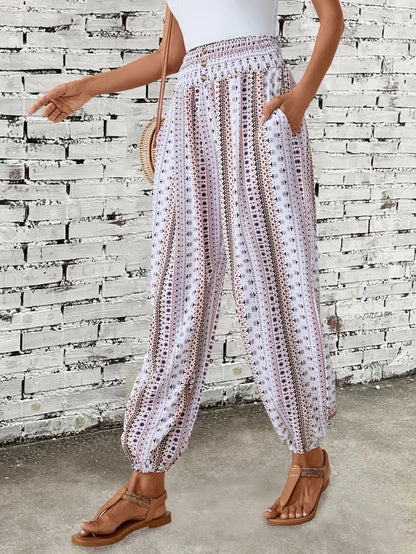 Dames - Boho-chique Broek - Gesmokte Taille - Etnische Grafische Print - VRIJHEID STIJL