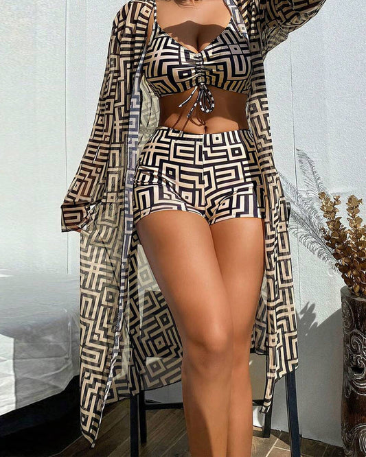 Badpak - Vrouwen - Hoge Taille - Geometrische Print - Driedelig Model