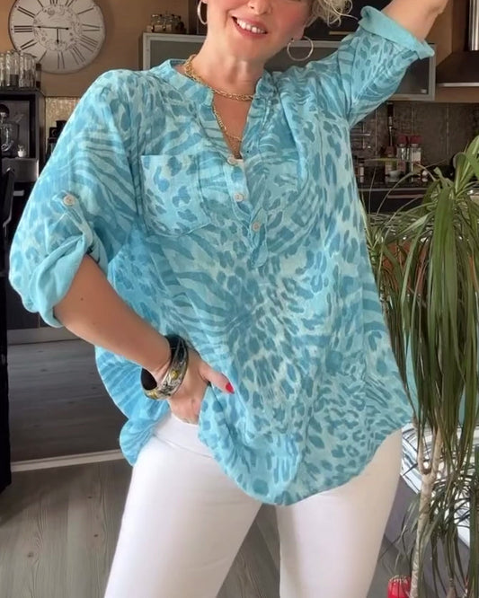 Bedrukte Blouse - Dames - Katoenblend - Casual Mode - V-Hals Stijl