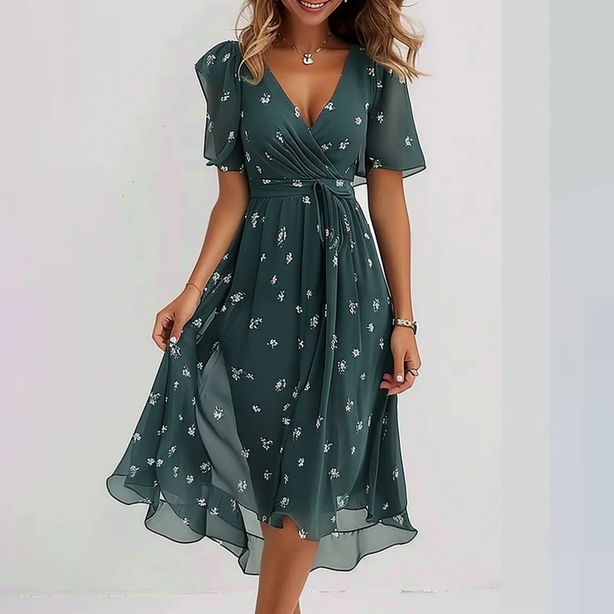 Zomerse overslagjurk met speelse print en elegante pasvorm – Marevia Flow