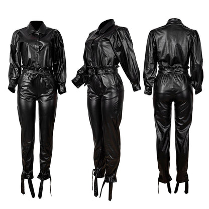 Stijlvolle PU jumpsuit met bindceintuur voor een trendy look – LumeaLicht