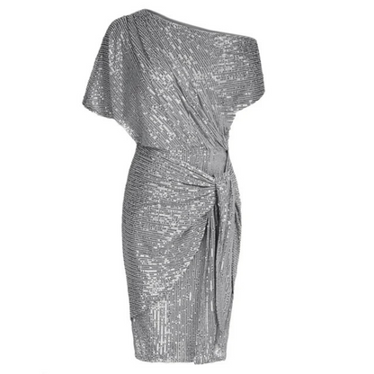 Dames - Korte Asymmetrische Jurk - Glinsterend en Speels - Feestkleding - Elegant Stijl