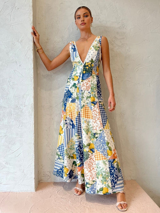 Vrouwen - Mouwloze Maxi Jurk - Patchwork Print - Zomer Mode - BOHO STIJL
