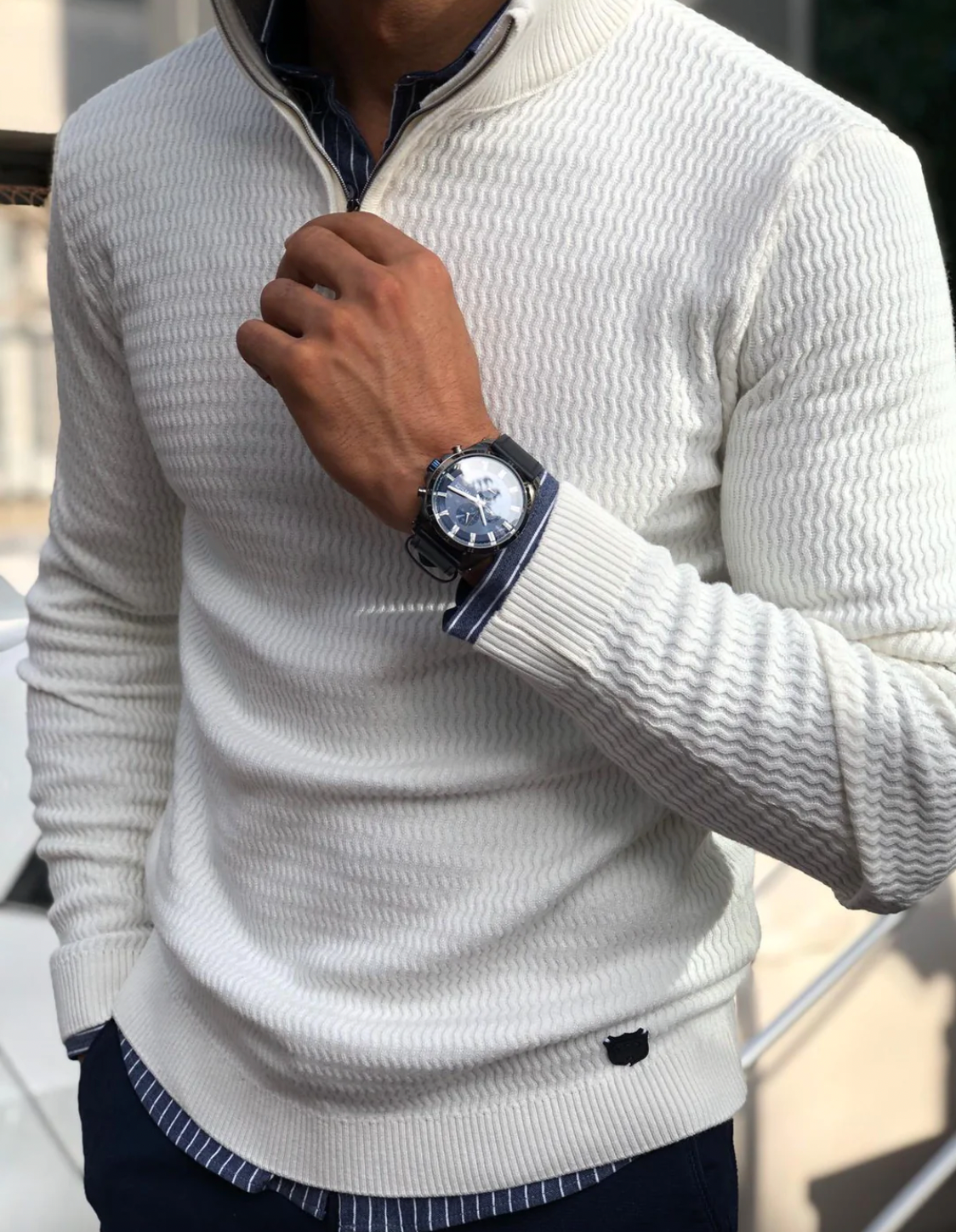 VINCENZO – Half-zip trui met textuurpatroon voor een elegante en comfortabele look