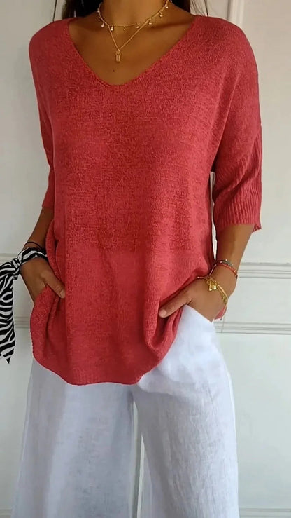 Vrouwen - Halve Mouw Blouse - Losse Pasvorm - Comfortabele Top - ELEGANTE V-HALS