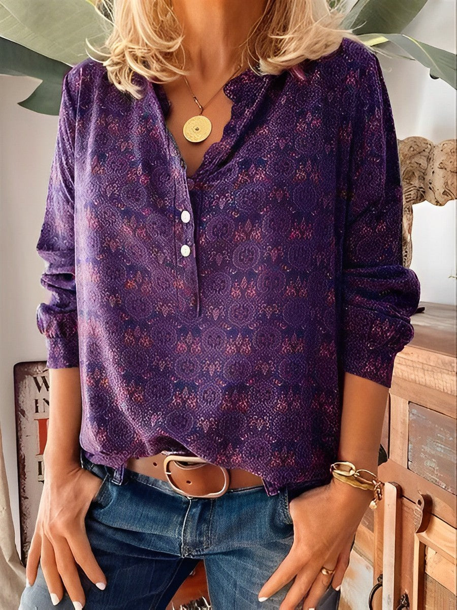 Vrouwen - Lange Mouwen V-Hals Blouse - Vintage Stijl - Zomer Mode - ELEGANTE VINTAGE BLUSE