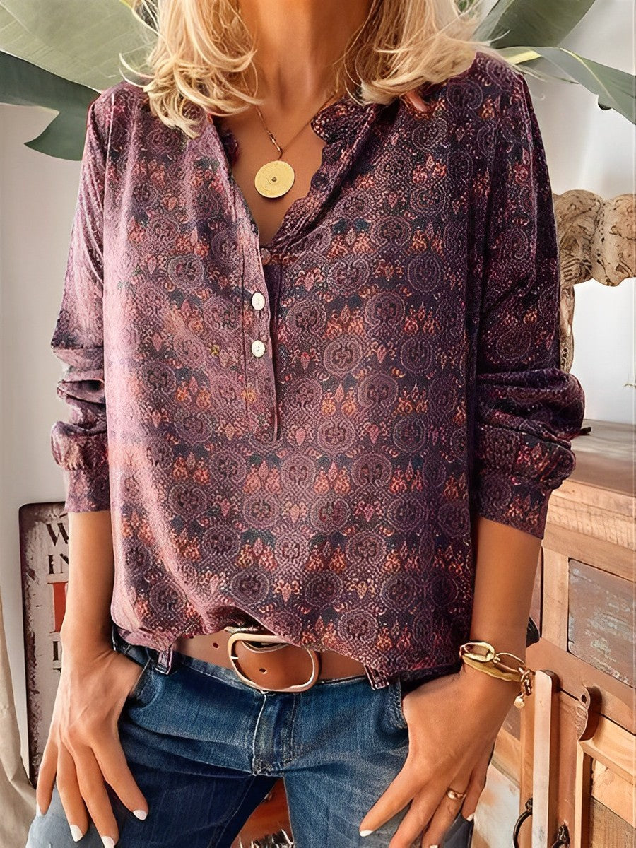 Vrouwen - Lange Mouwen V-Hals Blouse - Vintage Stijl - Zomer Mode - ELEGANTE VINTAGE BLUSE