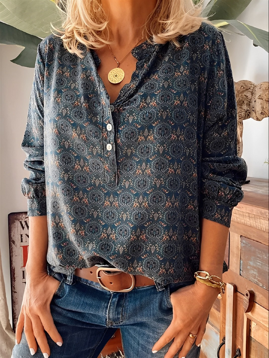 Vrouwen - Lange Mouwen V-Hals Blouse - Vintage Stijl - Zomer Mode - ELEGANTE VINTAGE BLUSE
