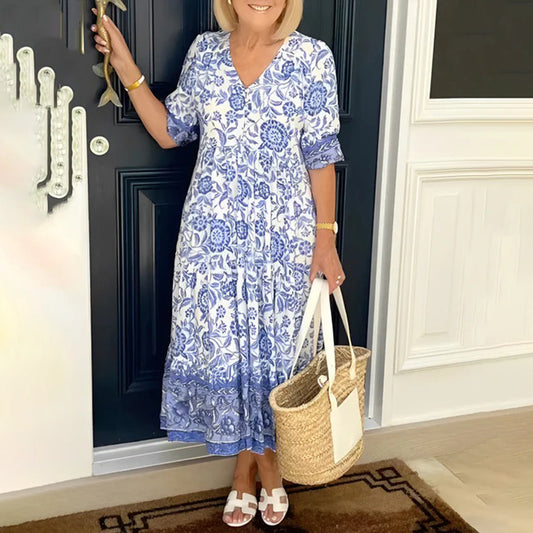Dames - Casual Midi-Jurk - Comfortabele Bloemenprint - Zomer Mode - ELEGANTE STIJL