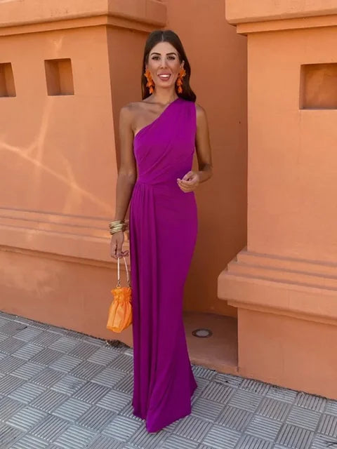 Vrouwen - Elegante Mouwloze Maxi-Jurk - Asymmetrische Halslijn - Formele Kleding - TIJDLOZE CHARME