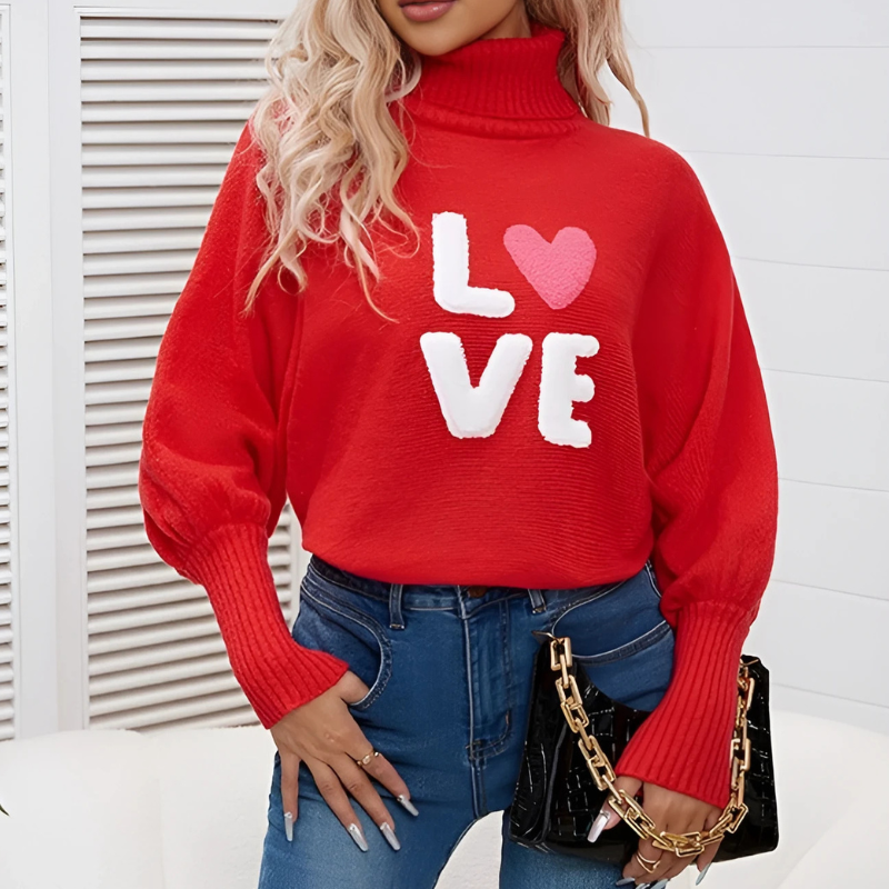 Coltrui - Dames - Lange Mouwen Hoge Kraag Losvallende Pasvorm Love Print Hartaccent - Hartjesprint Trui - AVA