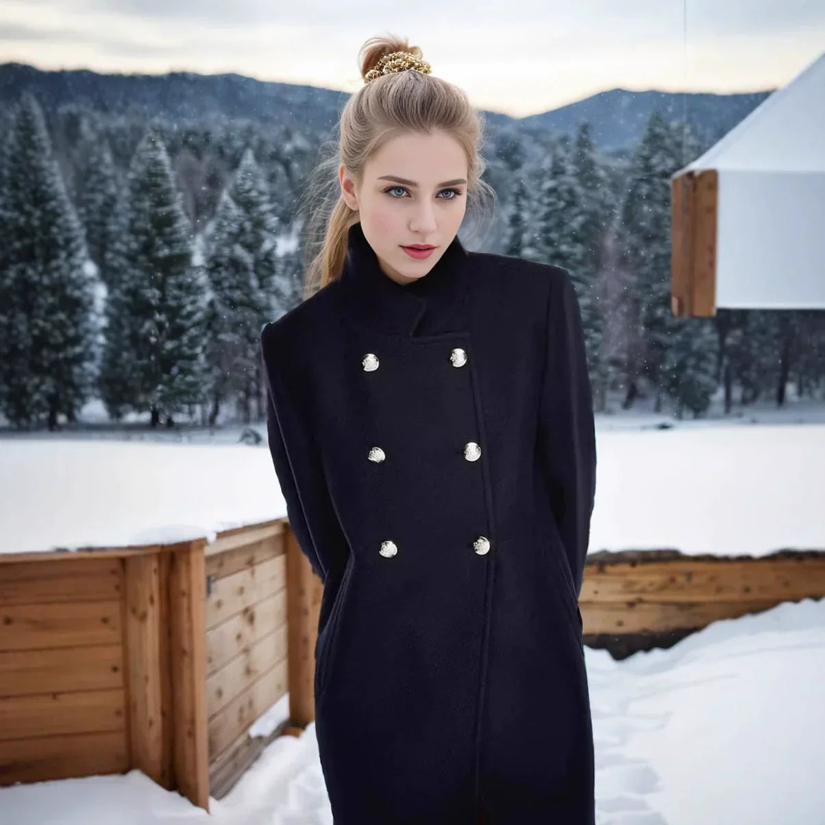 Wollen Jas - Dames - Dubbele Knopen En Hoge Kraag - Dames Wollen Jas - Elegante Dames Winterjas Met Dubbele Knopen