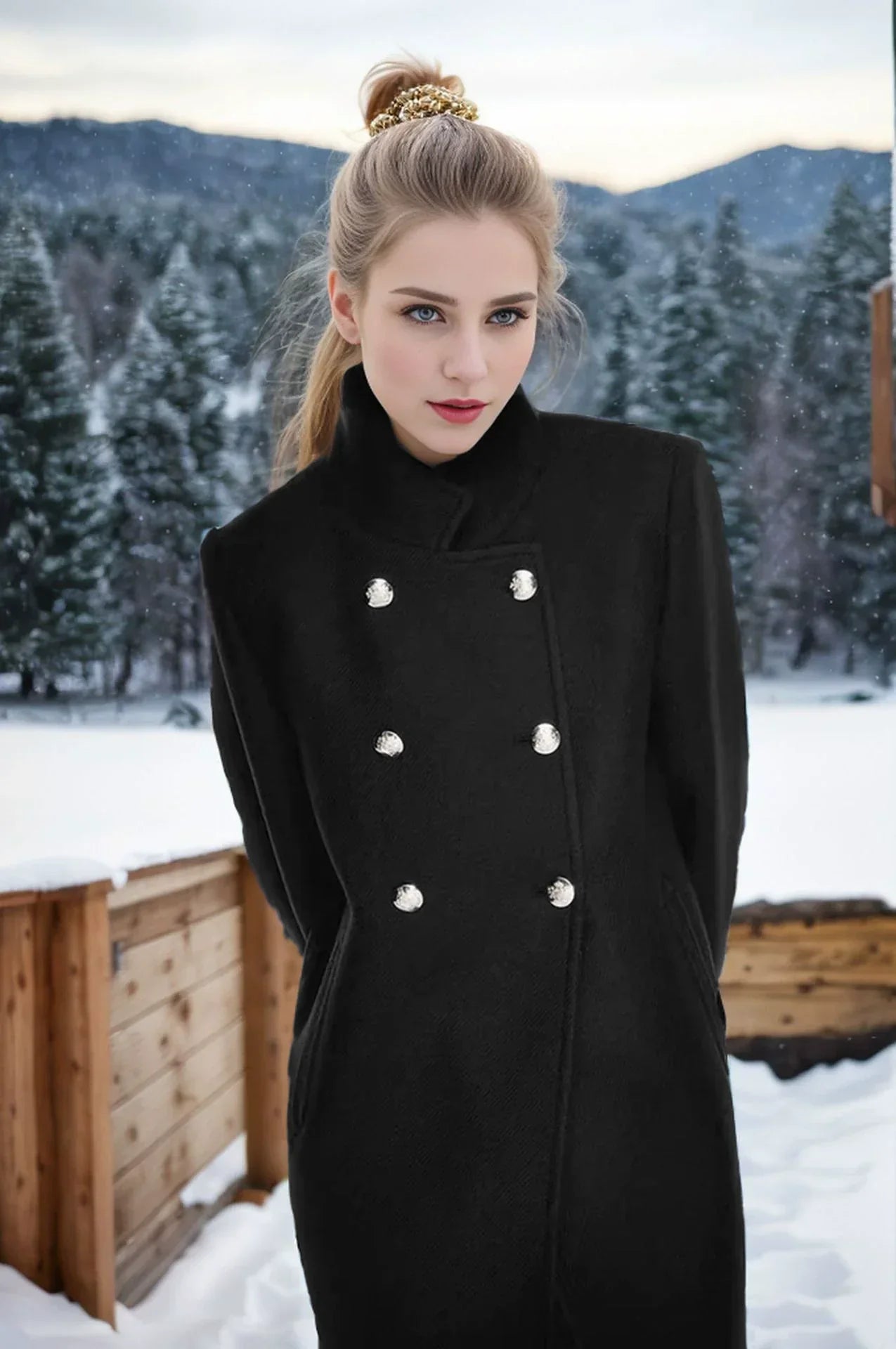 Wollen Jas - Dames - Dubbele Knopen En Hoge Kraag - Dames Wollen Jas - Elegante Dames Winterjas Met Dubbele Knopen