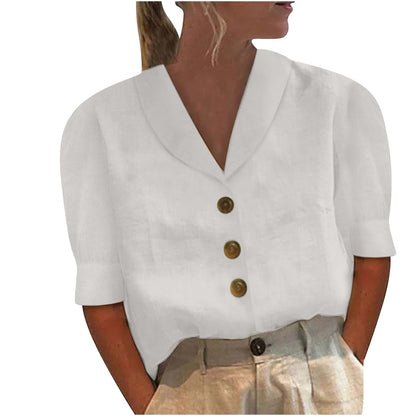 Dames - Losse Zomertop - Katoen en Linnen - Ademend Comfort - V-hals Shirt