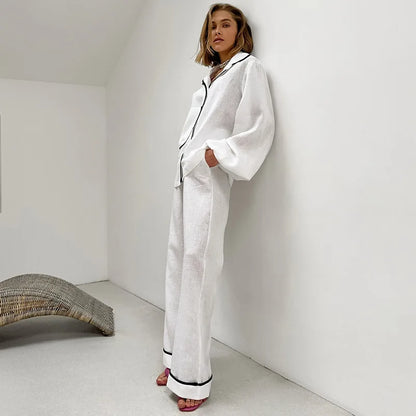 Satijnen dames pyjamaset met contrasterende paspels – AMELISE ÉDITION