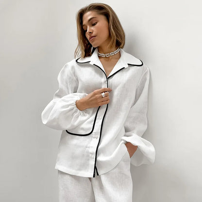 Satijnen dames pyjamaset met contrasterende paspels – AMELISE ÉDITION