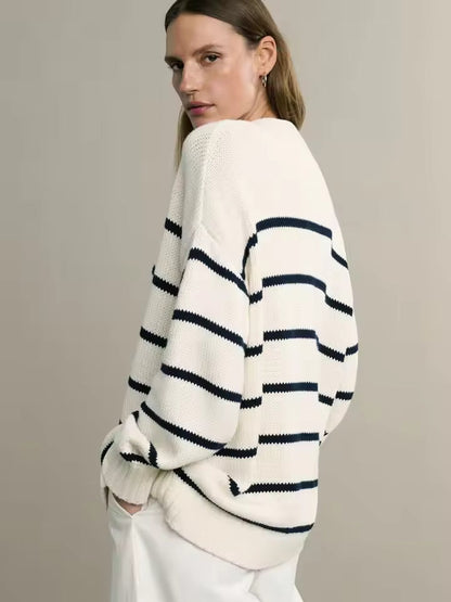 Cardigan - Dames - Oversized Pasvorm, Strepenpatroon, Met Knopen - Gestreepte Cardigan - Stijlvolle Strepen Cardigan