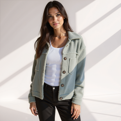 Teddy Jas - Dames - Zachte Teddy Stof Met Knopen En Zakken - Herfstjas Dames - Cosy Teddy Jasje Met Knopen