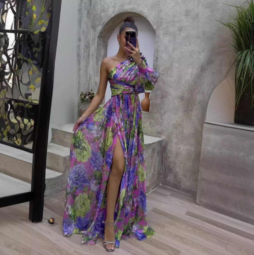 Sophie | Lange Zomerjurk Dames met Eén Schouder en Bloemen 2