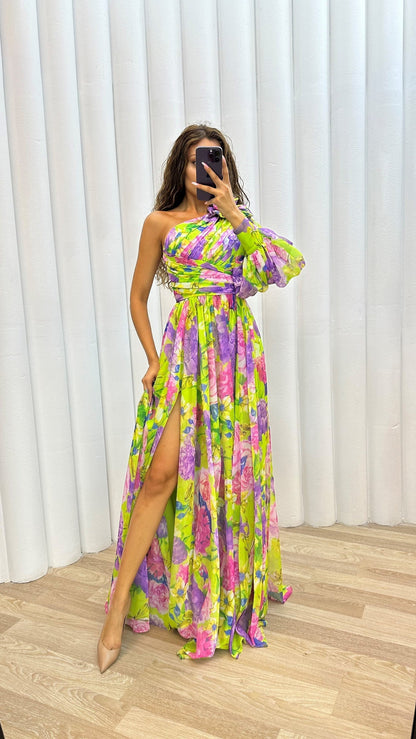 Sophie | Lange Zomerjurk Dames met Eén Schouder en Bloemen 6