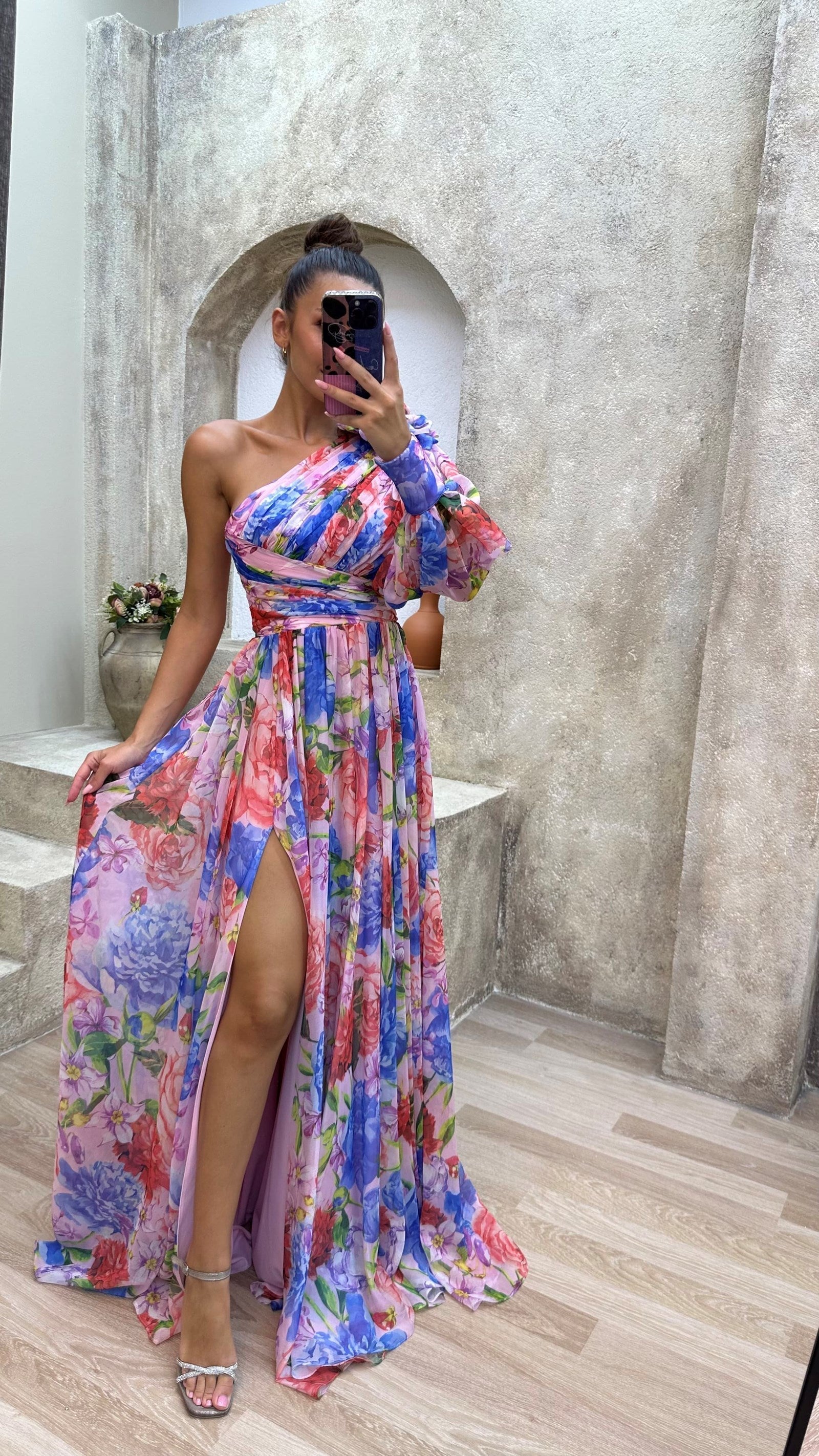 Sophie | Lange Zomerjurk Dames met Eén Schouder en Bloemen 8