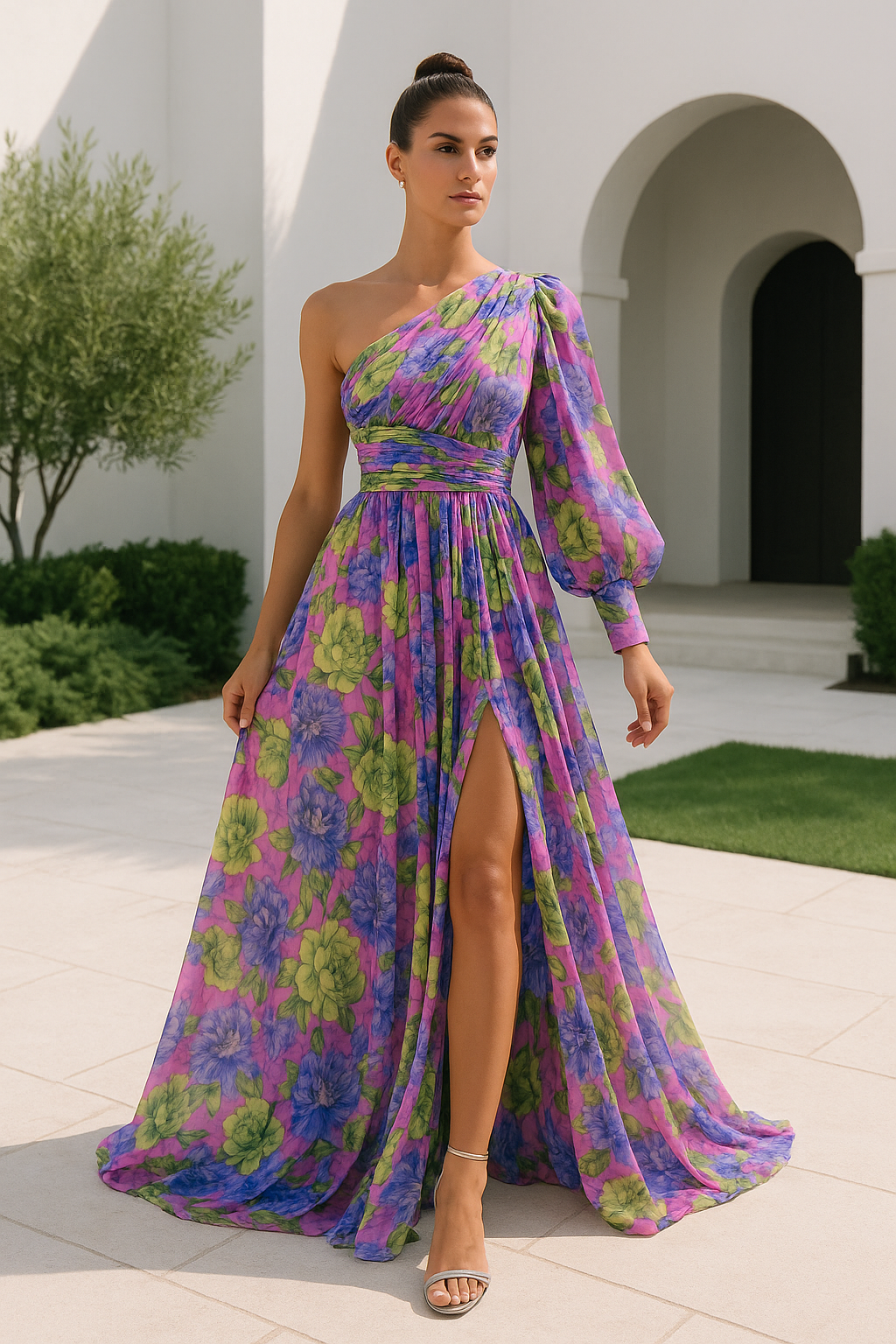 Sophie | Lange Zomerjurk met Eén Schouder en Bloemen voor Dames 0