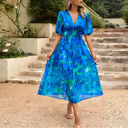 Sophie | Midi Damesjurk met Pofmouwen en Diepe V-hals voor Dames Zomer 0