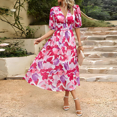 Sophie | Midi Damesjurk met Pofmouwen en Diepe V-hals voor Dames Zomer 5