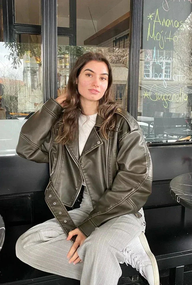 Bikerjack - Dames - PU Leer - Oversized Bikerjack - RIEM